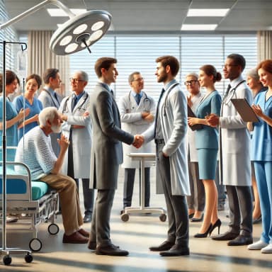  A scene set in a modern hospital where healthcare professionals are engaged in activities that demonstrate integrity and trust.