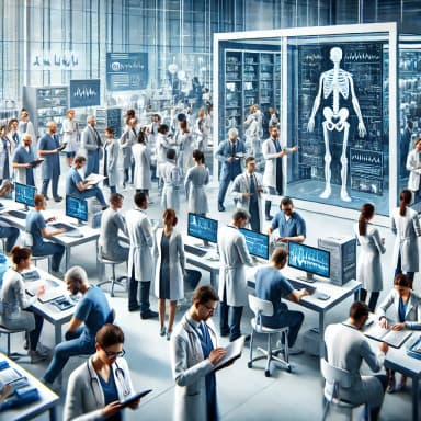A dynamic scene in a modern medical training facility where healthcare professionals, including doctors and medical students, are actively participating in workshops and studying medical literature.