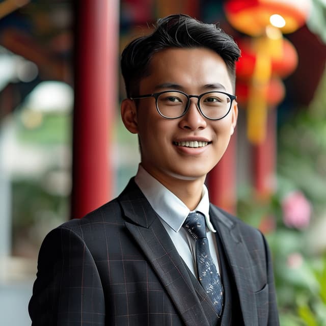 an asian man with glasses and happy expression facing into camera