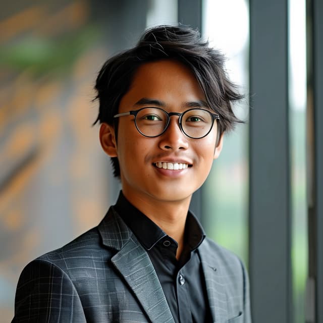 an asian man with glasses and happy expression facing into camera