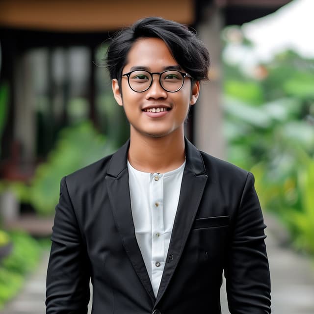 an asian man with glasses and happy expression facing into camera